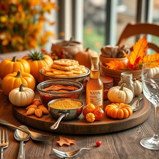 A beautifully arranged display of autumn-themed food items on a wooden table, showcasing the new seasonal menu at the cafe.