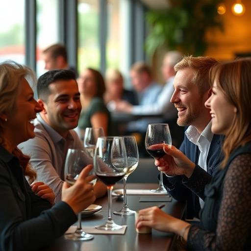 A group of people laughing and enjoying a wine tasting event at the cafe.