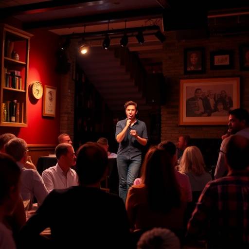 A person singing into a microphone on a small stage with cafe patrons watching.