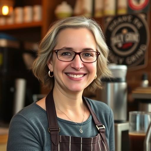 A portrait of Eleanor Vance, co-founder and head barista of The Daily Grind Cafe, smiling warmly.