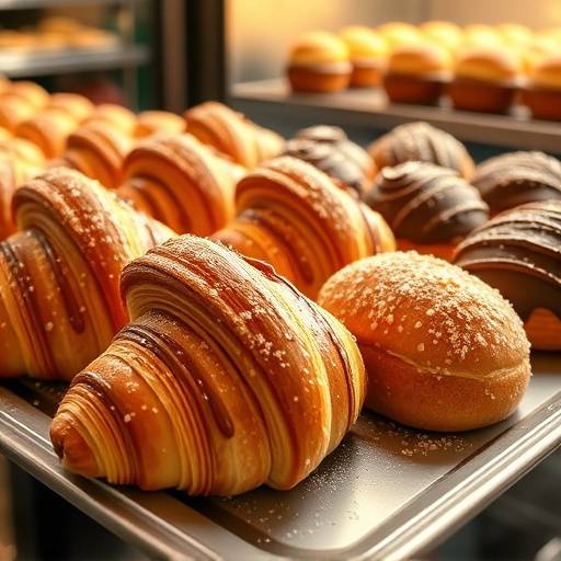 An assortment of freshly baked pastries including croissants, pain au chocolat, and danishes on a tray.