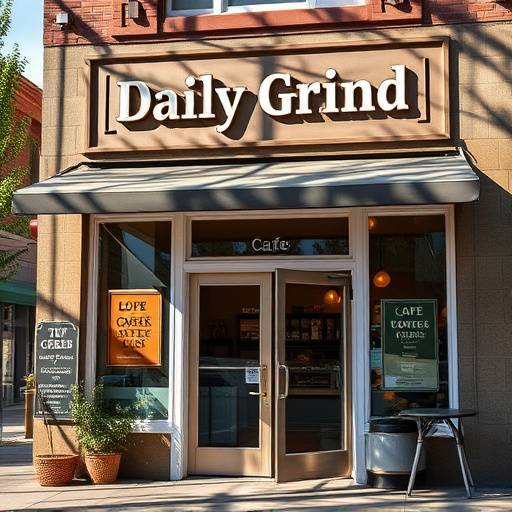 Exterior view of The Daily Grind Cafe, showing its warm and inviting storefront on a sunny day at 123 Coffee Bean Lane.