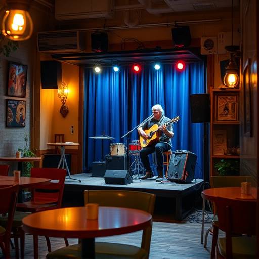 Musicians performing live on a small stage with cafe tables and chairs in the foreground.
