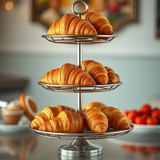 Selection of freshly baked croissants and pastries arranged artfully on a tiered stand.