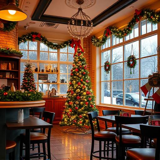 The cafe transformed for a holiday-themed party, complete with festive decorations and a Christmas tree.